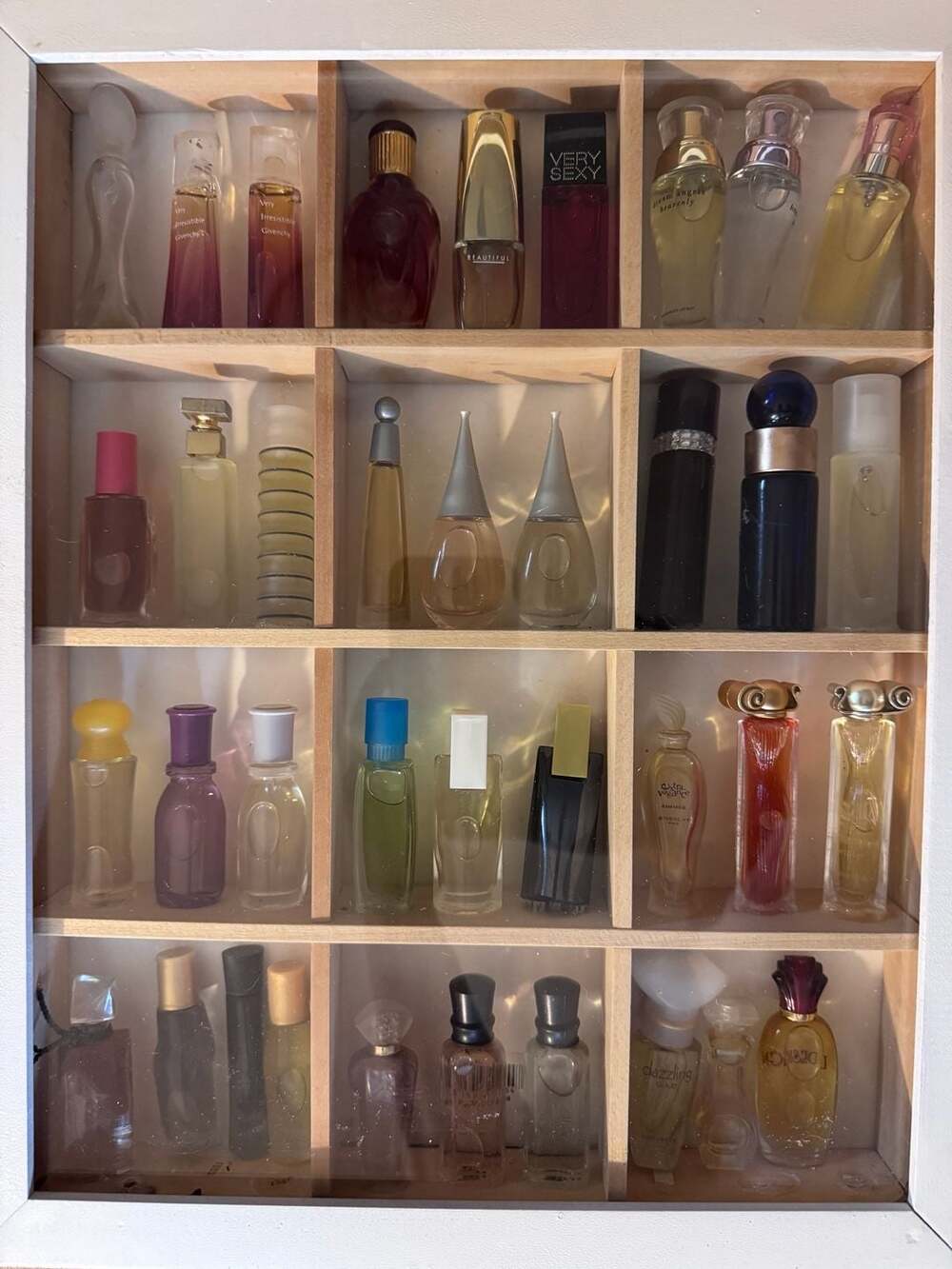 Vintage Miniature Perfume Display Case with 12 Compartments and Glass Front